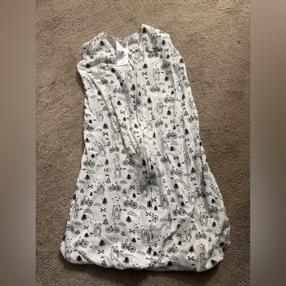Halo White Sleep Sack with Black Bear and Bicycle Print